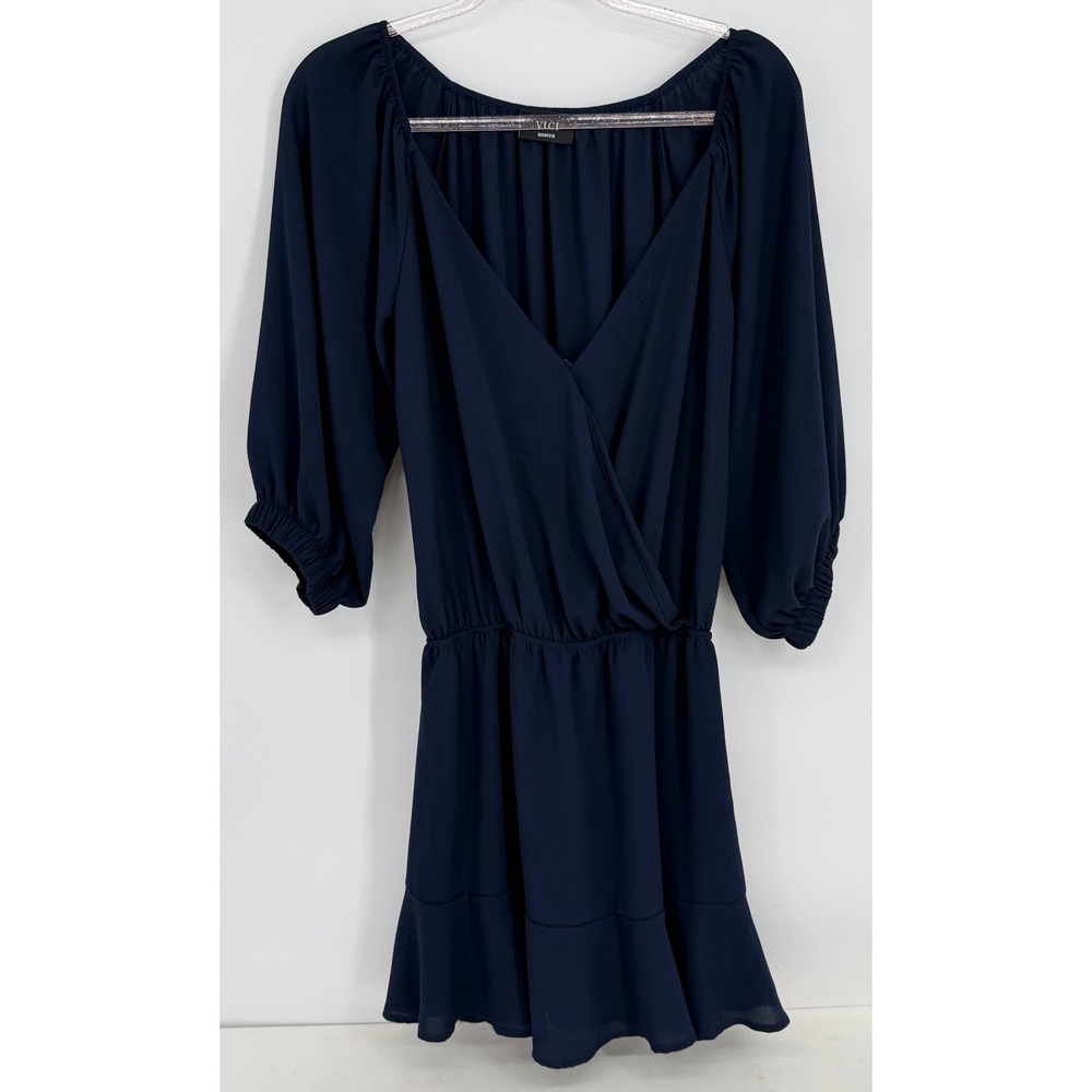 Vici Womens Navy Blue Surplice V-Neckโ Ruffle Mini Dress Balloon Slv Sz M